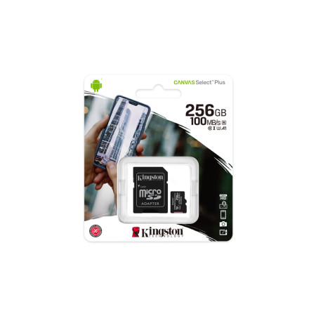 Kingston microSD 256GB Class10Canvas Select PlusSD adapter100/85MBs,Class 10 UHS-I